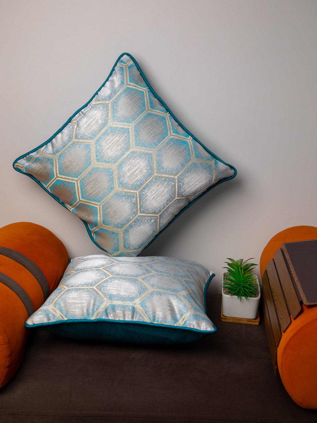 Sky Blue Set Of 5 Printed Square Cushion Covers