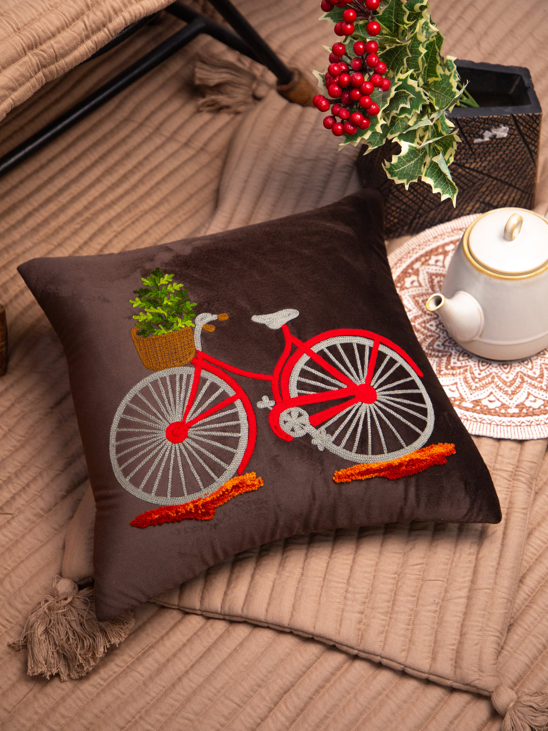 Dark Brown Velvet And Multi Color Embroidery &nbsp;Printed Square Cushion Cover