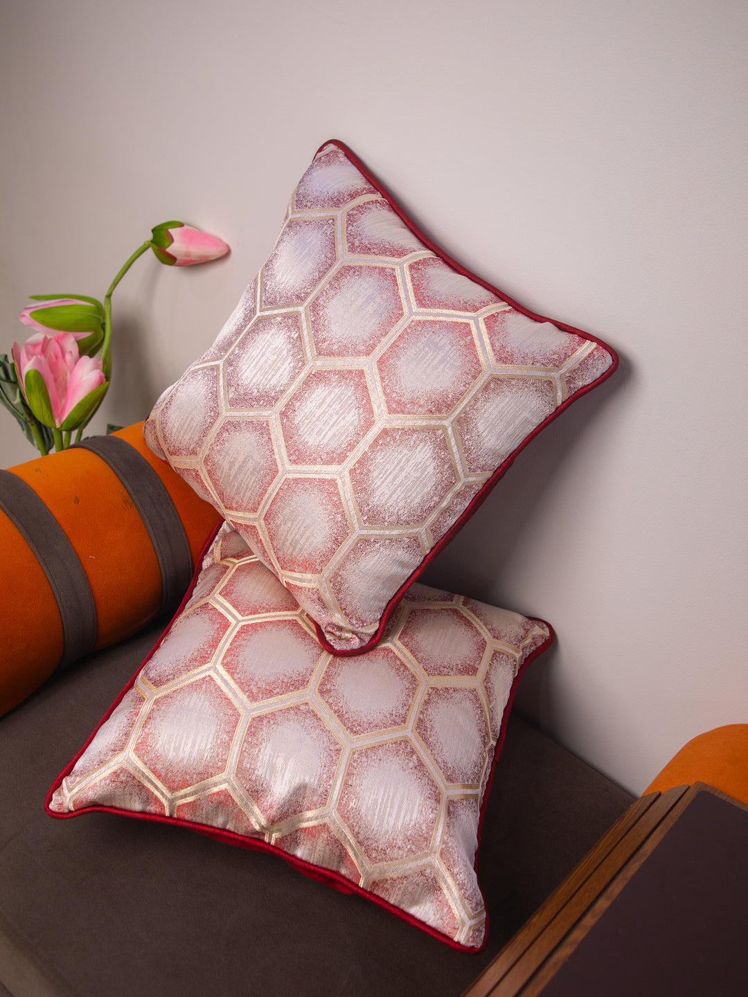 Red Set Of 5 Printed Square Cushion Covers