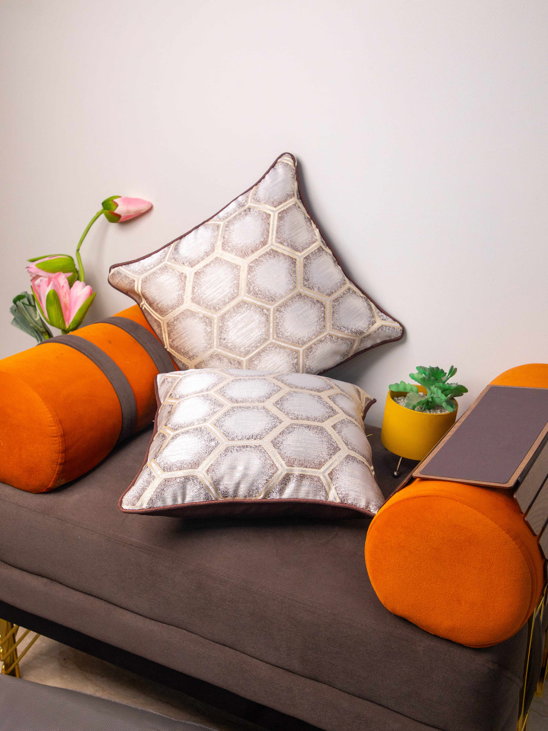 Brown Set Of 5 Printed Square Cushion Covers