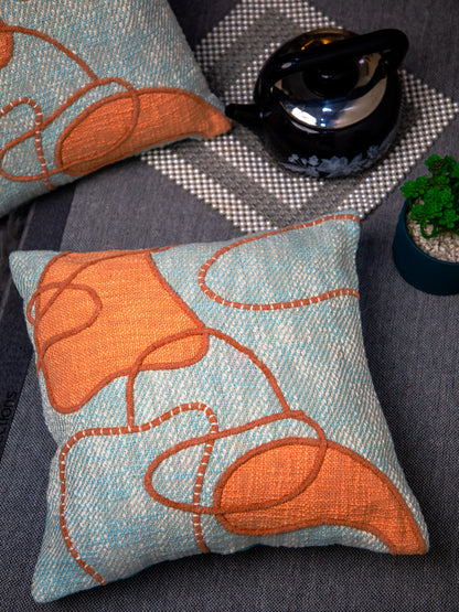 Sky Blue Jute Embroidery Square Cushion Cover