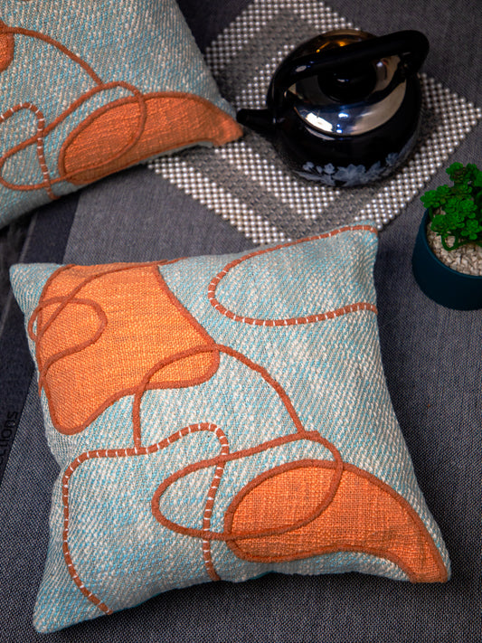 Sky Blue Jute Embroidery Square Cushion Cover