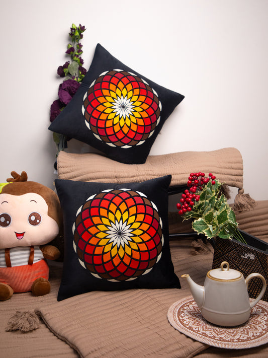 Black Velvet And Multicolor Flower Embroidery Square Cushion Cover