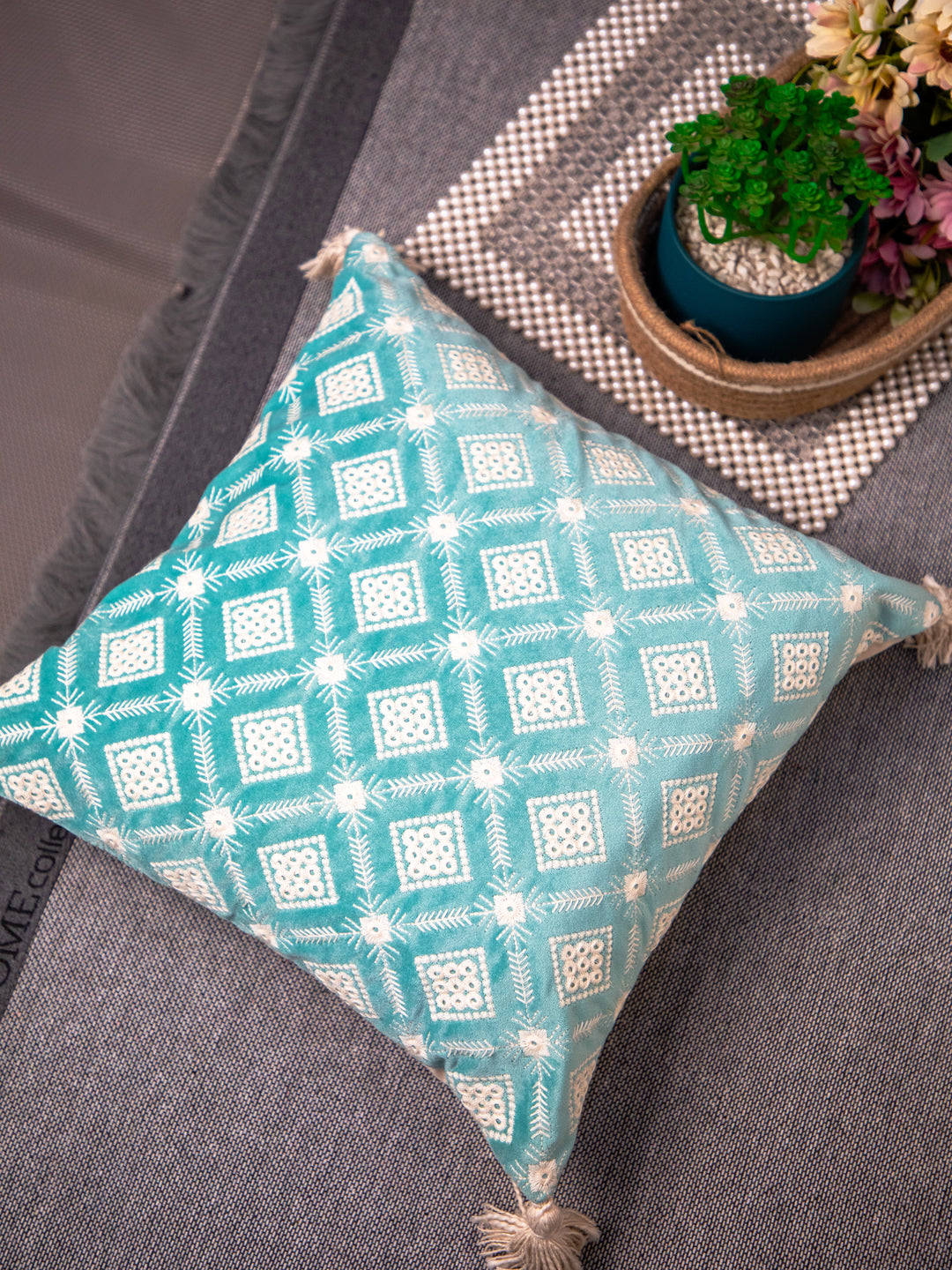 Sky Blue And white Velvet Embroidery Square Cushion Cover