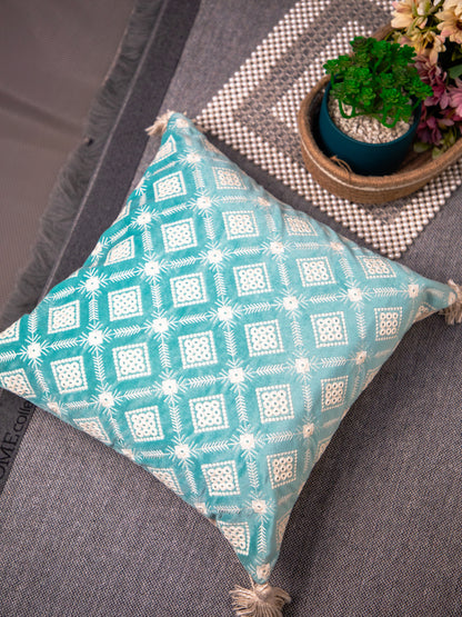 Sky Blue And white Velvet Embroidery Square Cushion Cover