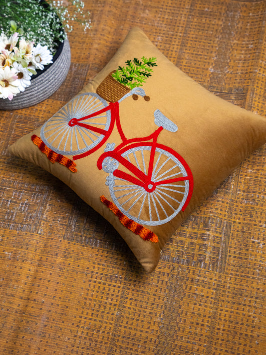 Light Brown And MultiColor Embroidery  Printed Square Cushion Cover