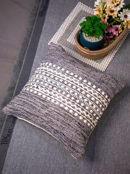 Grey & Off-White Color Jute Print Square Cushion Cover