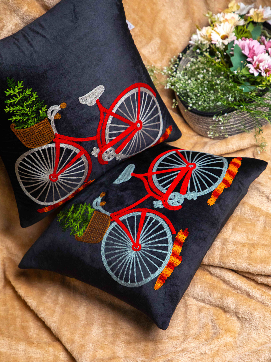 Black And  Multi Color Embroidery  Printed Square Cushion Cover