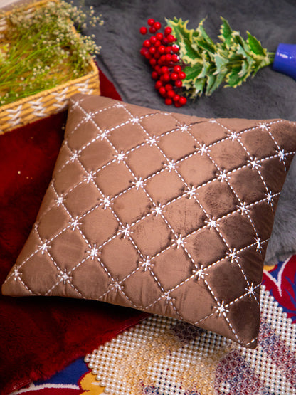 Brown Velvet And White Embroidery Square Cushion Cover
