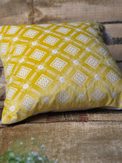 Yellow And White Square Embroidery Square Cushion Cover