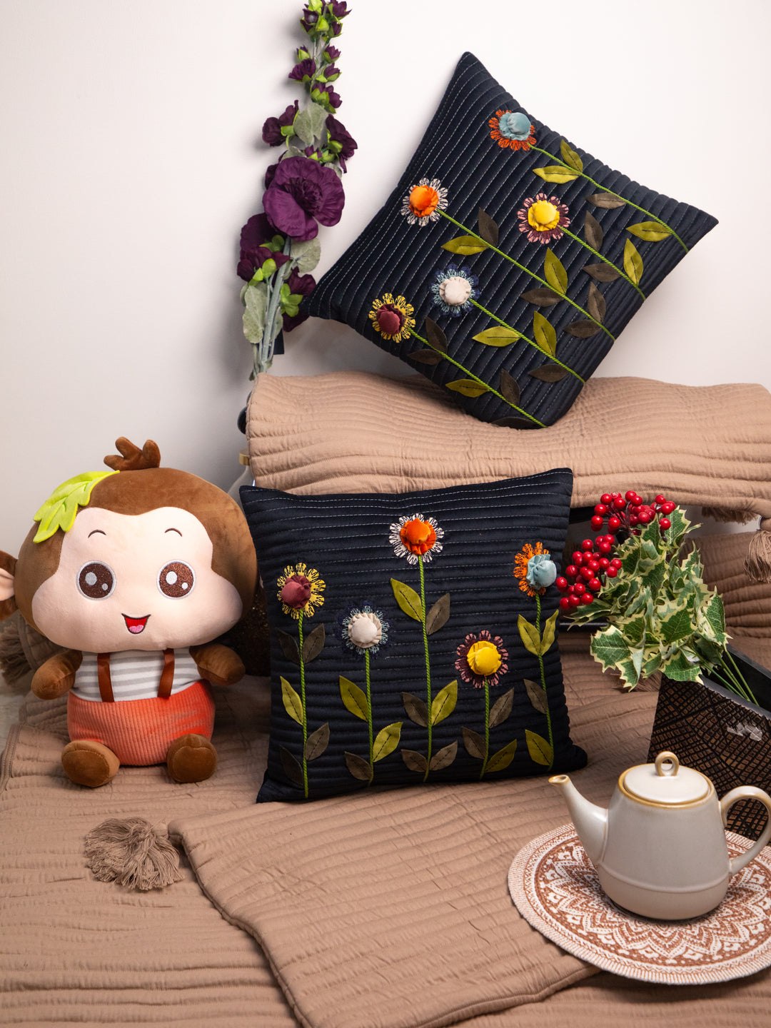Black Velvet Aplik 3D Flower Square Cushion Cover