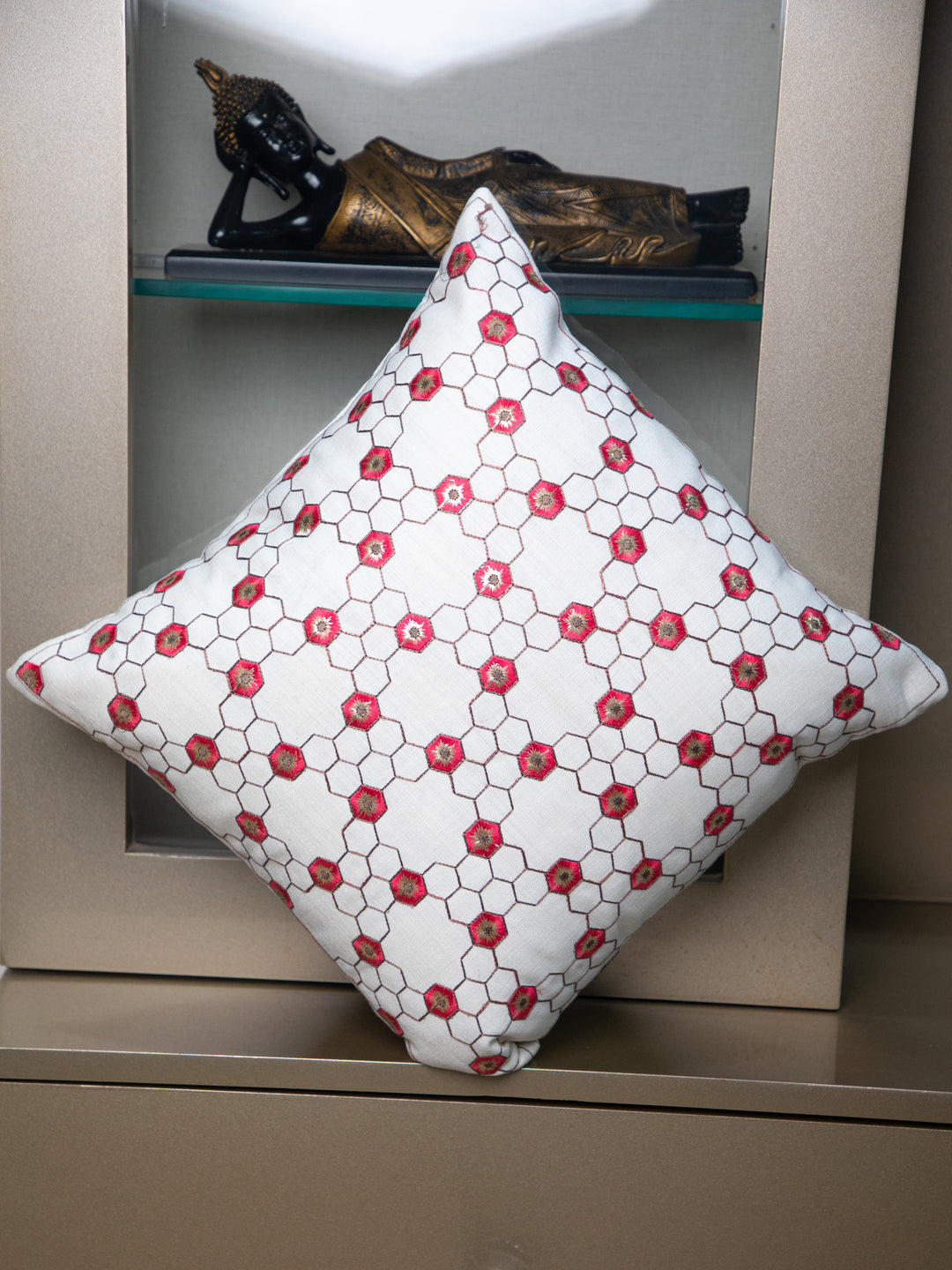 White and Red Flower Embroidery  Square Cushion Cover