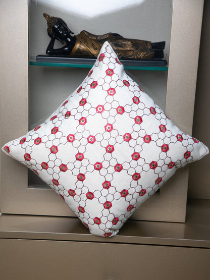 White and Red Flower Embroidery  Square Cushion Cover
