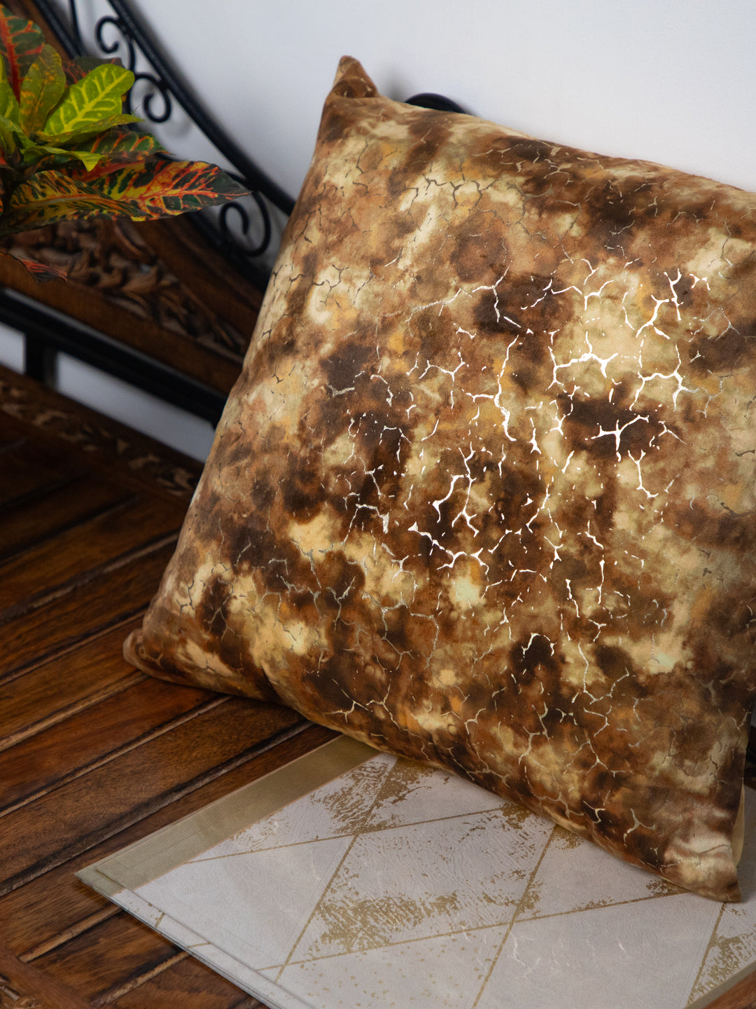 Brown Foil Printed Square Cushion Cover