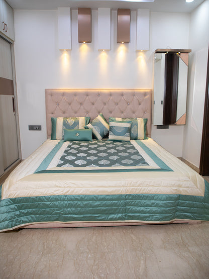 Teal Embossed Cotton Double Bedcover With 2 Pillow Covers and 2 Cushion Covers, 1 Highlighter