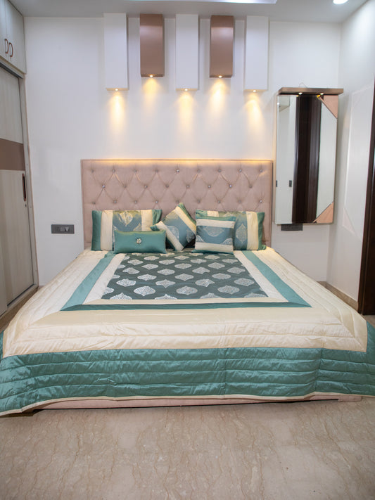 Teal Embossed Cotton Double Bedcover With 2 Pillow Covers and 2 Cushion Covers, 1 Highlighter