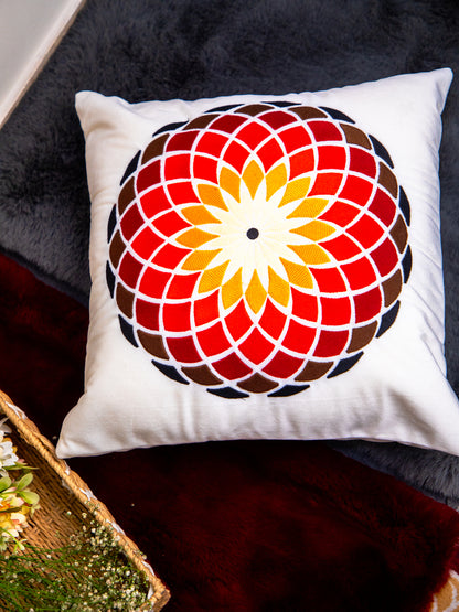 White Velvet And Multicolor Flower Embroidery Square Cushion Cover