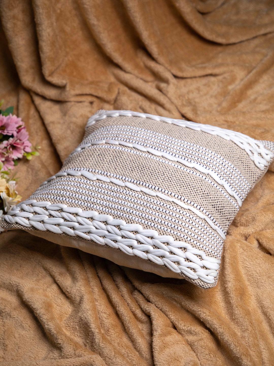 Beige And White Handloom  Square Cushion Cover