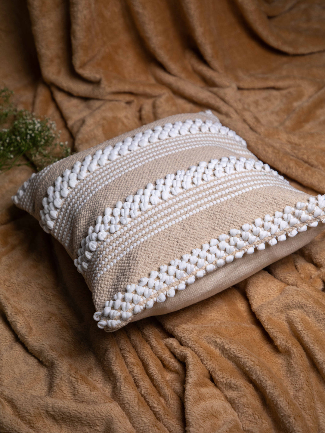 Beige And White Handloom  Square Cushion Cover
