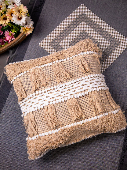 Beige And White Handloom &nbsp;Square Cushion Cover