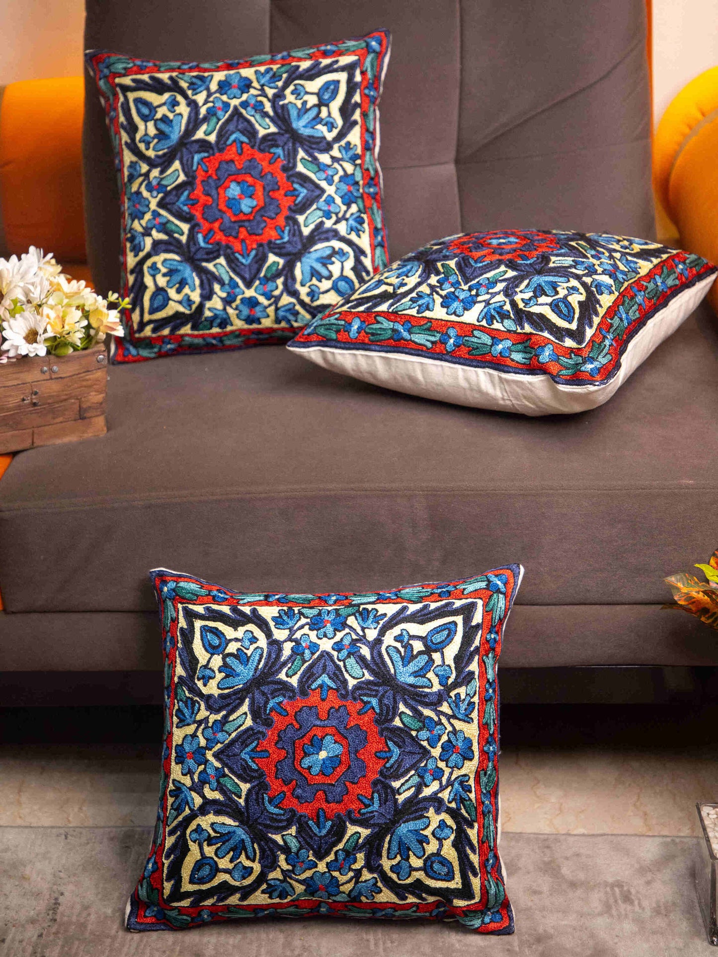 Kashmiri Hand Embroidered Multi Cotton Cushion Cover