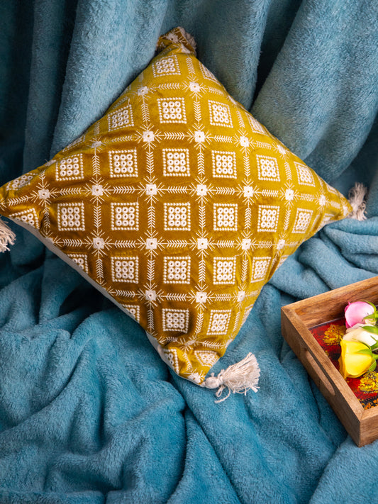 Mustard And White Square Embroidery Square Cushion Cover