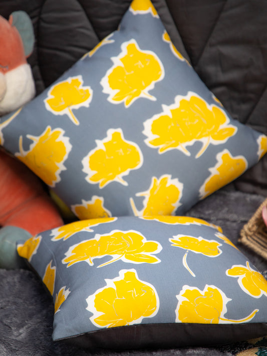 Grey &amp; Yellow Flower Print Cotton Square Cushion Cover Set of 2&nbsp;