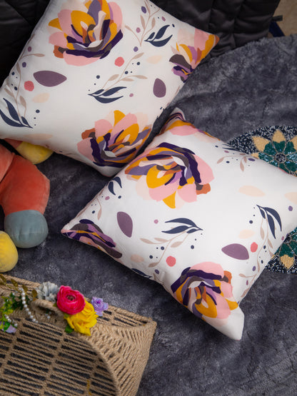 White &amp; Multicolor Flower Cotton Square Cushion Cover Set Off 2