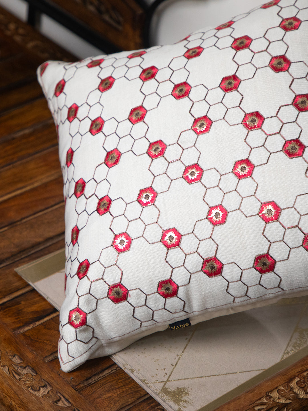White and Red Flower Embroidery  Square Cushion Cover
