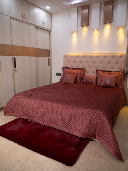 Maroon Quilted Embroidered Velvet Double Bedcover With 2 Pillow Covers and 2 Cushion Covers, 1 Highlighter