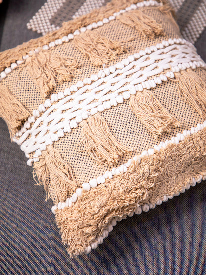 Beige And White Handloom &nbsp;Square Cushion Cover