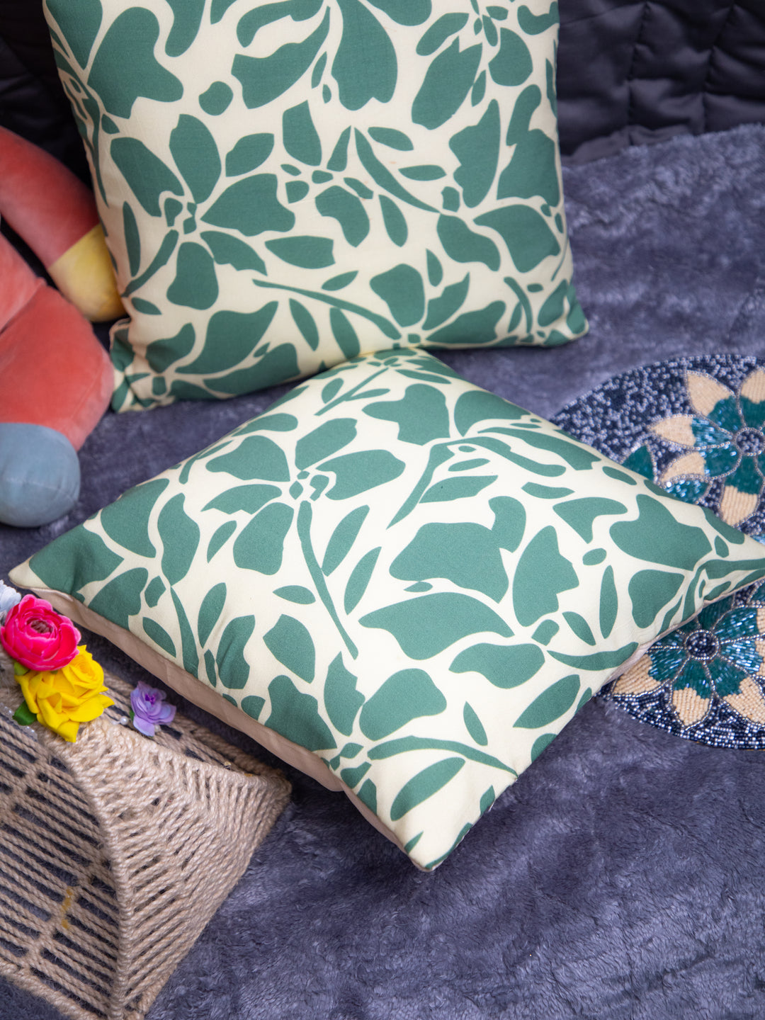 Teal And White Cotton Square Cushion Cover Set Off 2