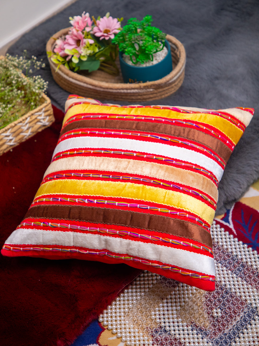 Multicolor Velvet Embroidery Square Cushion Cover