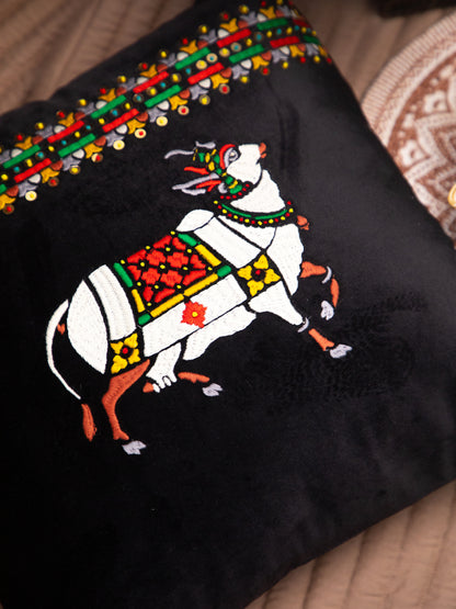 Black Velvet And Animal Print Embroidery Square Cushion Cover