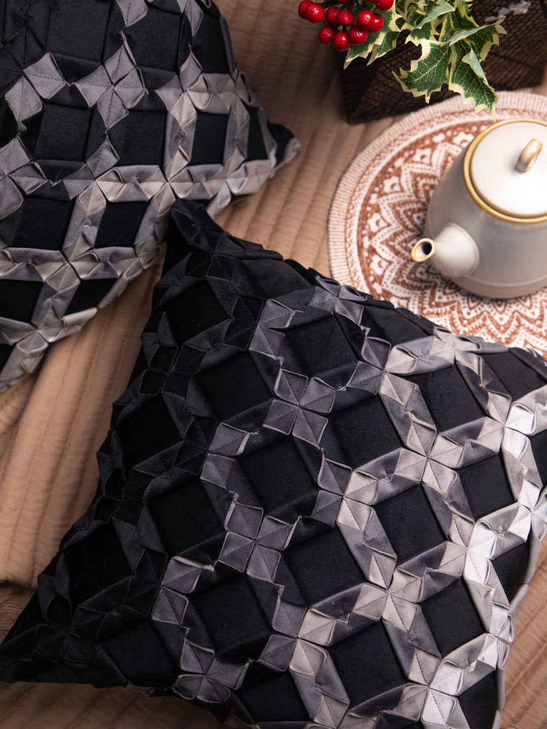 Black And Grey Velvet Embroidery Square Cushion Cover