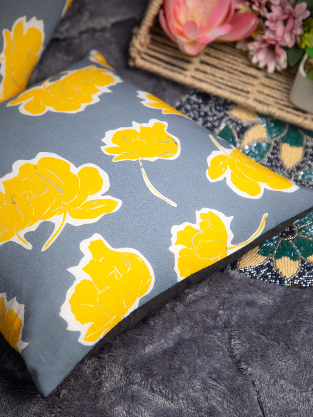 Grey &amp; Yellow Flower Print Cotton Square Cushion Cover Set of 2&nbsp;