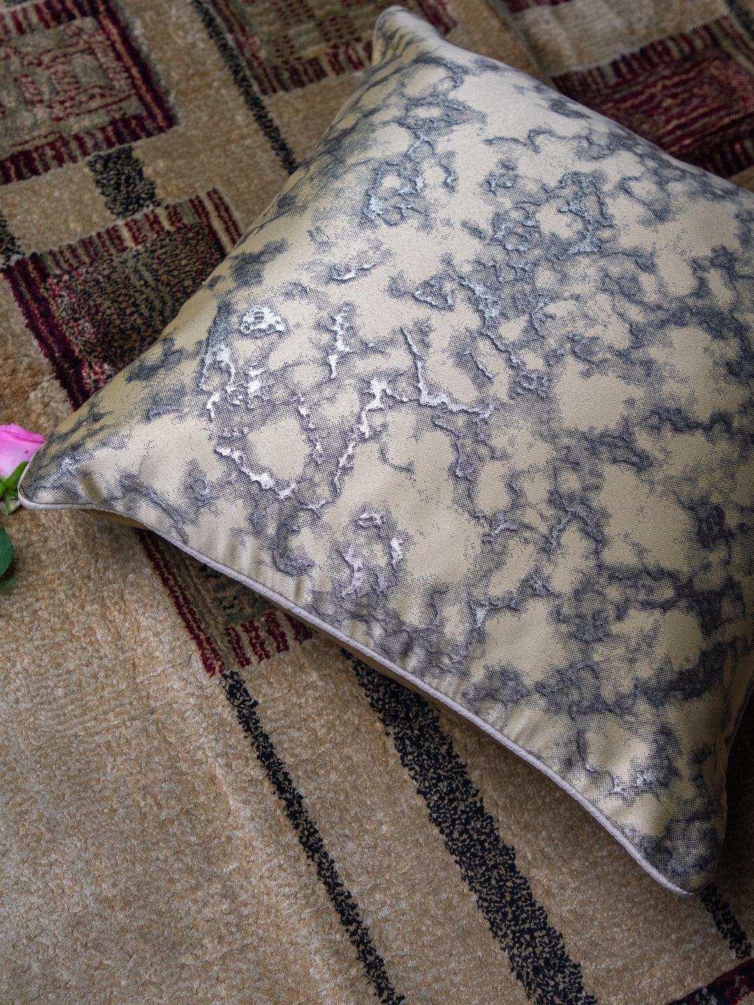 Beige Textured Set Of 5 Foil Printed Square Cushion Covers