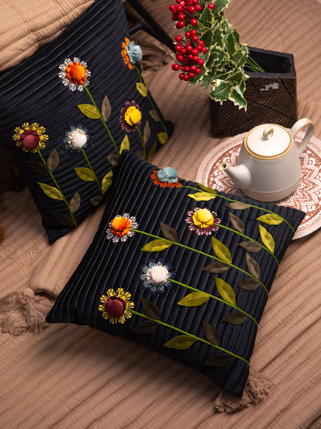 Black Velvet Aplik 3D Flower Square Cushion Cover