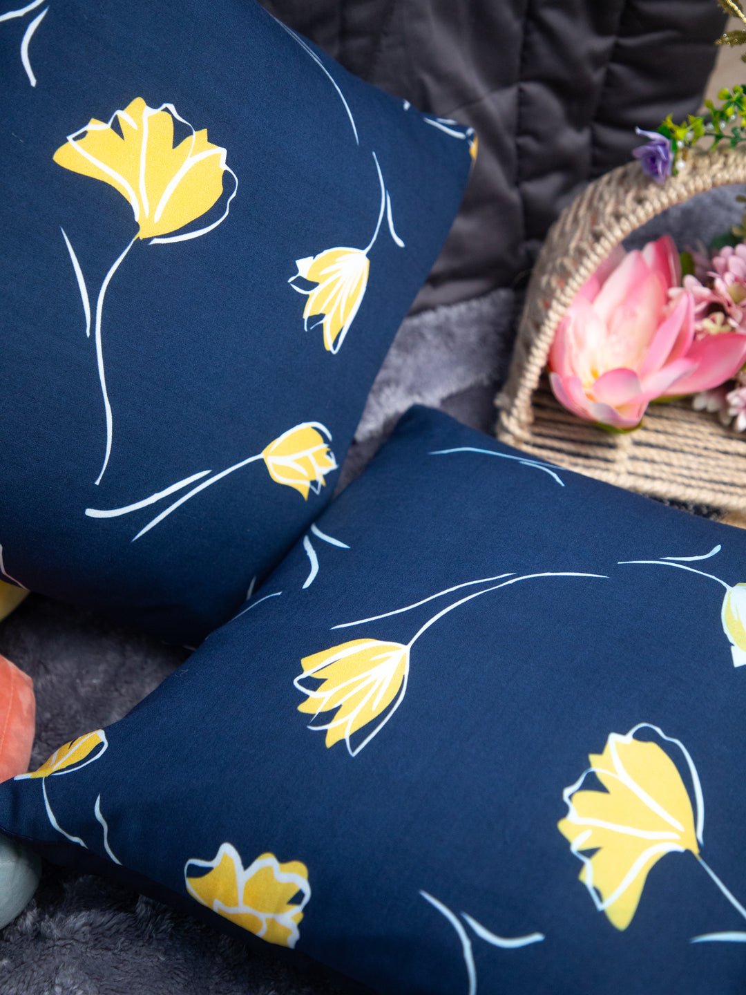 Navy Blue &amp; Flower Cotton Square Cushion Cover Set Off 2 Blue