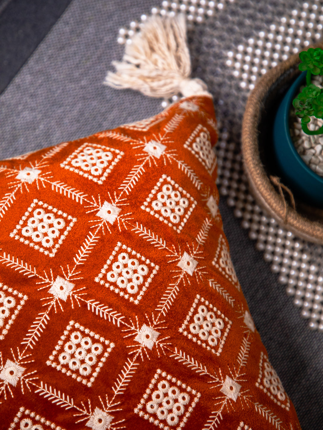 Rust Embroidery Velvet Square Cushion Cover