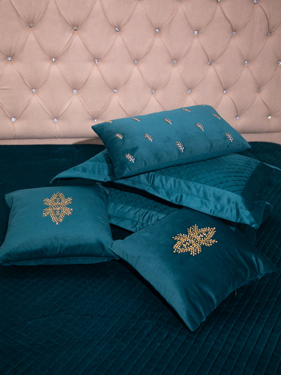 Teal Quilted Embroidered Cotton Double Bedcover With 2 pillow covers and 3 cushion covers