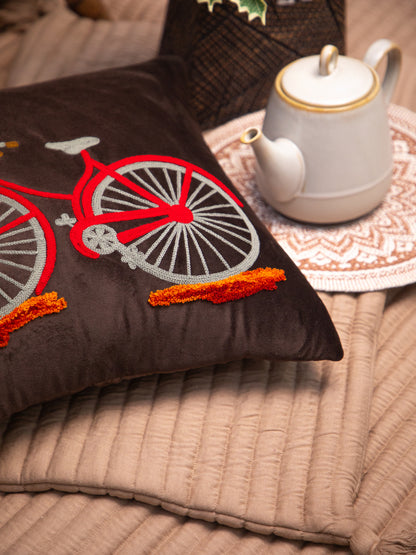 Dark Brown Velvet And Multi Color Embroidery &nbsp;Printed Square Cushion Cover