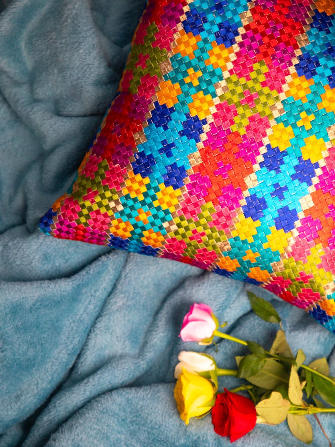 Multicolor Embroidery Thread Work Square Cushion Cover