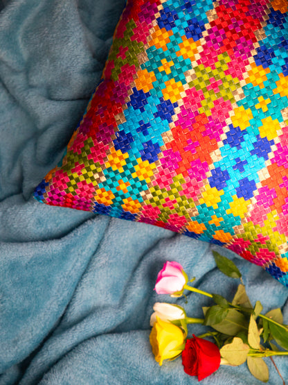 Multicolor Embroidery Thread Work Square Cushion Cover