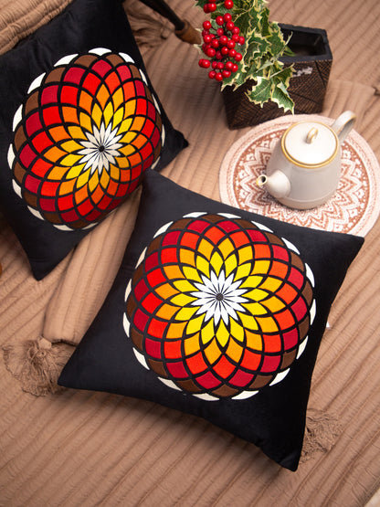 Black Velvet And Multicolor Flower Embroidery Square Cushion Cover