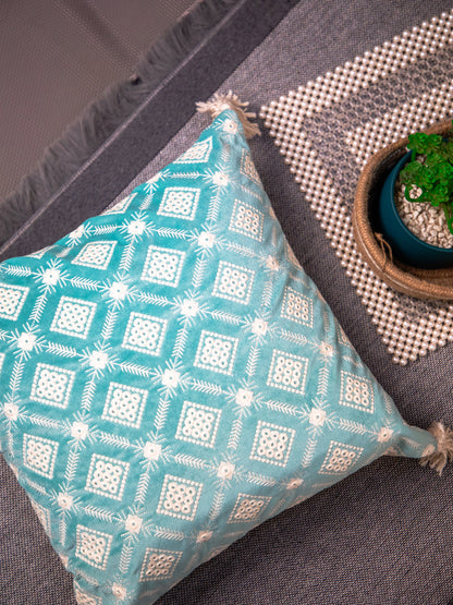 Sky Blue And white Velvet Embroidery Square Cushion Cover