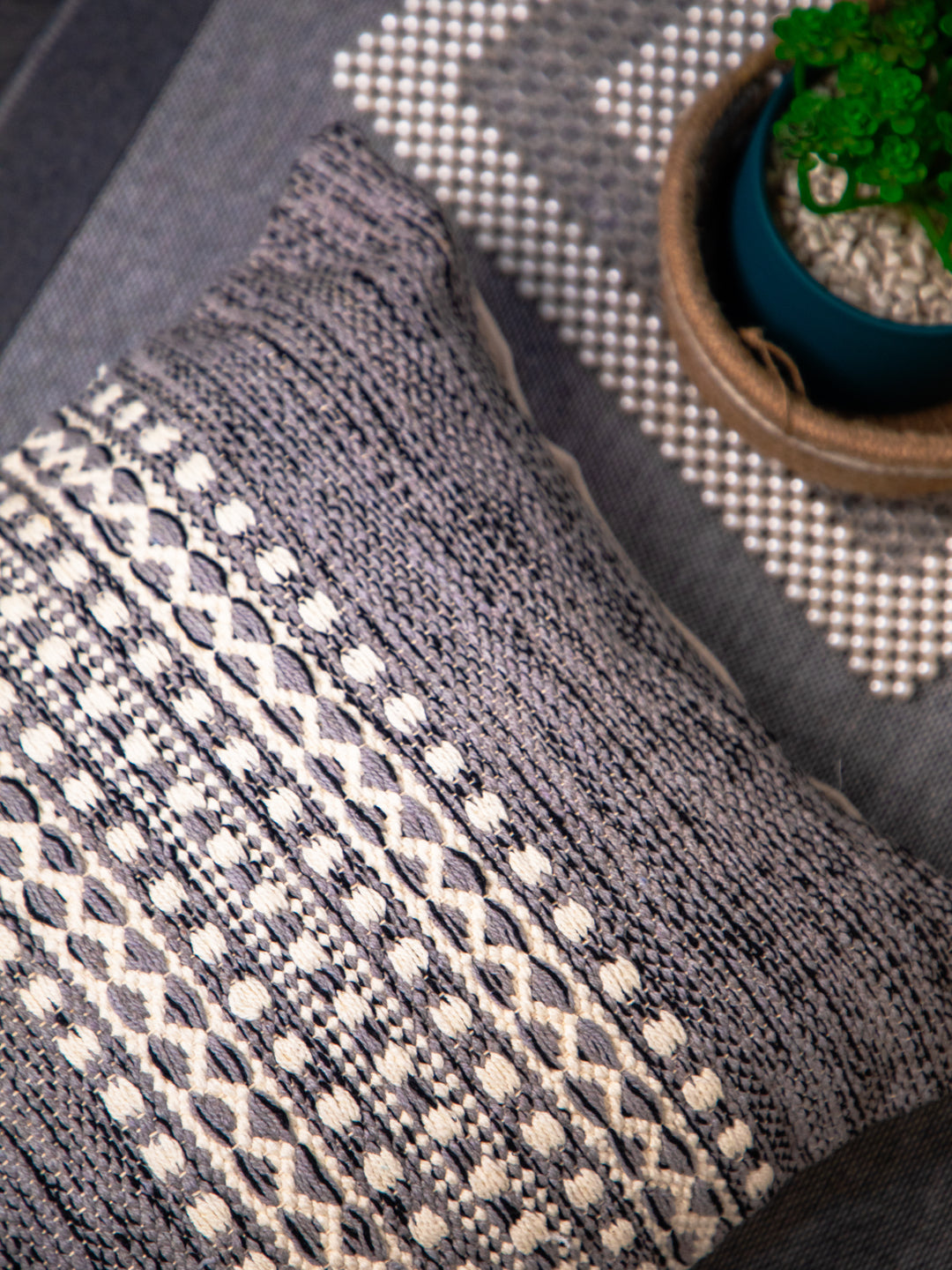 Grey & Off-White Color Jute Print Square Cushion Cover