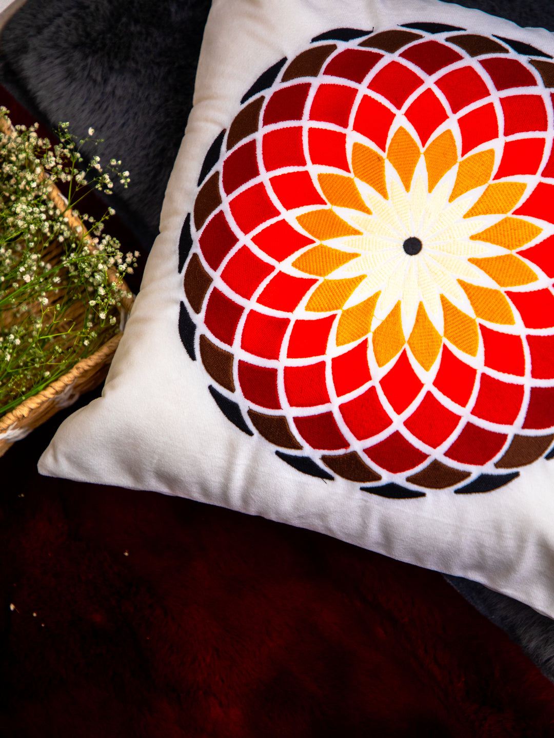 White Velvet And Multicolor Flower Embroidery Square Cushion Cover