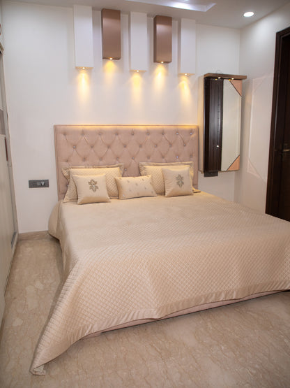 Beige Quilted Velvet Double Bedcover With 2 Pillow Covers and 2 Cushion Covers, 1 Highlighter