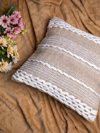 Beige And White Handloom  Square Cushion Cover